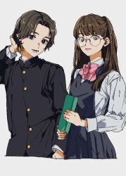 1boy 1girl black_dress black_jacket book bow bowtie brown_eyes brown_hair closed_mouth collared_shirt colored_inner_hair commentary_request cowboy_shot dress gakuran glasses hand_up holding holding_book isobeyou jacket long_hair long_sleeves looking_at_viewer multicolored_hair original pinafore_dress pink_bow pink_bowtie pleated_dress round_eyewear school_uniform shirt simple_background sleeveless sleeveless_dress smile standing white_shirt 