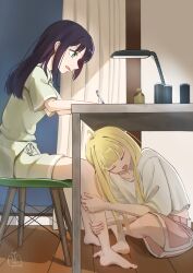  2girls absurdres ahoge barefoot blonde_hair cho_kaguya-hime! closed_eyes commentary drycatfoodmeow green_eyes green_shirt green_shorts highres indoors kaguya_(cho_kaguya-hime!) lamp long_hair multiple_girls parted_lips pink_shorts purple_hair sakayori_iroha shirt shorts sitting straight_hair white_shirt writing yuri 