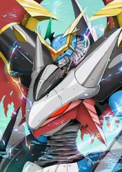  armor black_armor blue_helmet commentary_request digimon digimon_(creature) electricity helmet highres horns imperialdramon imperialdramon_fighter_mode no_humans red_eyes sawa_d short_hair shoulder_armor solo white_hair wings 