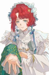  1girl aqua_shawl blue_eyes chinese_commentary commentary_request dress ful grin hat highres looking_at_viewer marsha_(reverse:1999) mole mole_under_eye official_alternate_costume outstretched_hand red_hair reverse:1999 shawl short_hair smile solo upper_body white_background white_dress white_hat 