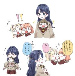  ! !! >_< 4girls :3 :d ^_^ blonde_hair blue_eyes blue_hair brown_dress brown_hair closed_eyes closed_mouth colored_speech_bubble crossed_bangs dress envy flower flying_sweatdrops gradient_hair hair_flower hair_intakes hair_ornament half_updo hasu_no_sanrenka hasu_no_sora_school_uniform highres hinoshita_kaho kachimachi_kosuzu link!_like!_love_live! long_hair long_sleeves looking_at_another love_live! medium_dress medium_hair mini_person minigirl moso_(expect66) multicolored_hair multiple_girls murano_sayaka neckerchief orange_hair osawa_rurino pleated_dress rabbit_hair_ornament red_neckerchief sailor_collar sailor_dress school_uniform shared_clothes smile speech_bubble translation_request twintails two_side_up v-shaped_eyebrows virtual_youtuber white_sailor_collar winter_uniform x3 xd yellow_neckerchief 