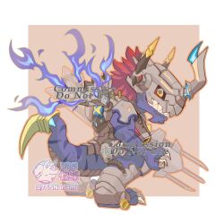  765_nanami artist_name blue_fire claws commission cyborg digimon digimon_(creature) dinosaur fire full_body helmet highres horns mechanical_arms metalgreymon_(virus) metalgreymon_(virus)_x-antibody no_humans red_hair sharp_teeth short_hair single_mechanical_arm solo teeth yellow_eyes 