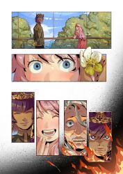  1boy 2girls :d ^_^ absurdres angry anoldwishbone blue_eyes blush circlet closed_eyes closed_mouth crown dress fingernails fire flowdia flower gutrune happy highres jacket long_hair multiple_girls old old_woman open_mouth outdoors pink_hair purple_hair red_dress sekaiju_no_meikyuu sekaiju_no_meikyuu_3 seyfried ship sky smile tree watercraft yellow_flower 