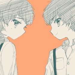  2boys axis_powers_hetalia closed_mouth collared_shirt commentary_request decoco greyscale_with_colored_background hatching_(texture) linear_hatching looking_at_viewer male_focus medium_hair mole mole_under_eye multiple_boys orange_background portugal_(hetalia) shirt short_hair simple_background smile spain_(hetalia) suspenders 