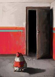  andrewcrowe animal bird chicken clothed_animal commentary deimos_(dragan_bibin) door english_commentary feathers fine_art_parody hololive hololive_english horror_(theme) indoors kfp_employee_(takanashi_kiara) no_humans open_door parody signature standing 