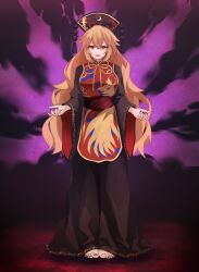  1girl absurdres barefoot black_dress black_hat black_nails blonde_hair breasts chinese_clothes commentary crescent_print dalachi_(headdress) dress energy energy_tail fox_tail full_body hair_between_eyes hat highres jager junko_(touhou) large_breasts long_hair long_sleeves looking_at_viewer multiple_tails neck_ribbon open_mouth phoenix_print red_eyes red_tabard ribbon smile solo tabard tail toes touhou very_long_hair wide_sleeves yellow_ribbon 