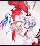  2girls arms_up ascot bangs bat_wings blonde_hair blue_hair bow breasts closed_mouth collar collared_dress collared_shirt crystal dress eyebrows_visible_through_hair eyes_visible_through_hair fang fangs flandre_scarlet flying frills gem grey_background hair_between_eyes hands_up hat hat_bow hat_ribbon highres jewelry katai_(nekoneko0720) looking_at_another medium_breasts mob_cap multicolored_wings multiple_girls one_side_up open_mouth puffy_short_sleeves puffy_sleeves red_ascot red_bow red_eyes red_ribbon red_skirt red_vest remilia_scarlet ribbon shirt short_hair short_sleeves siblings simple_background sisters skirt smile socks standing tongue touhou vest white_dress white_headwear white_legwear white_shirt wings yellow_ascot 
