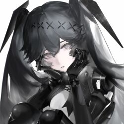  1girl commentary_request double-parted_bangs floating_headgear grey_eyes grey_hair hair_ornament hands_on_own_face hands_up head_tilt headgear highres kajol98606618 knees_up long_hair looking_at_viewer lucia:_dawn_(gothic)_(pgr) lucia_(pgr) mechanical_arms mechanical_legs official_alternate_costume punishing:_gray_raven simple_background solo twintails upper_body white_background x_hair_ornament 
