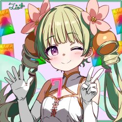  1girl ;) anniversary bare_shoulders blush breasts character_name china_dress chinese_clothes cleavage_cutout closed_mouth clothing_cutout dress drill_hair elbow_gloves fairy fairy_wings fio_(princess_connect!) flower gloves green_hair hair_flower hair_ornament hands_up highres long_hair looking_at_viewer one_eye_closed pink_background pink_flower princess_connect! sleeveless sleeveless_dress small_breasts smile solo tokinin4 twintails upper_body v violet_eyes waving white_dress white_gloves wings 