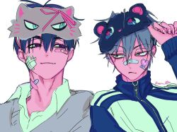  2boys alien_stage bandaid bandaid_on_face bandaid_on_neck bandaid_on_nose black_eyes black_mask blue_jacket closed_mouth collared_shirt commentary_request fang fang_out gauze gauze_on_cheek green_eyes grey_hair grey_mask grey_sweater ivan_(alien_stage) jacket looking_at_another looking_to_the_side male_focus mask mask_on_head multiple_boys naru_00m official_alternate_costume red_pupils shirt signature sleep_mask sticker sticker_on_face sweater till_(alien_stage) white_shirt zipper_pull_tab 