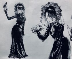 1girl black_dress black_hair blood bow bowtie bridal_veil bruise bruise_on_face crazy_smile dress flower frilled_wrist_cuffs frills greyscale gun hair_flower hair_ornament hair_over_one_eye hand_up handgun head_wreath highres holding holding_gun holding_knife holding_weapon injury knife konoito_nui long_dress monochrome open_mouth original short_hair smile standing third-party_source traditional_media veil weapon white_background wrist_cuffs 