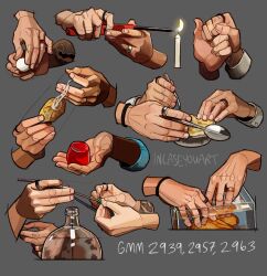  6+others anatomy_study art_study artist_name bottle box bread candle commentary disembodied_hand english_commentary fire food gelatin good_mythical_morning grey_background hand_focus highres holding holding_food holding_hands holding_lighter holding_spoon lighter multiple_others original photo-referenced simple_background spoon victoria_putinski 