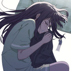  1girl absurdres black_hair cho_kaguya-hime! clenched_teeth closed_eyes commentary crying english_commentary highres hugging_clothes long_hair open_mouth pajamas sakayori_iroha short_sleeves sidelocks simple_background solo teeth thereaakari unworn_bracelet white_background 