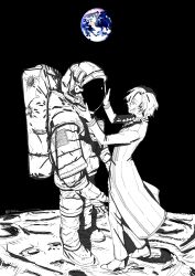  1boy 1other 3755km alt_text astronaut black_background braid chaldea_logo chaldea_staff_uniform closed_mouth coat commentary_request earth_(planet) fate/grand_order fate_(series) from_side full_body hair_between_eyes hands_up helmet highres long_hair long_sleeves looking_at_another marisbury_animusphere on_moon outdoors pants planet profile shoes simple_background single_braid smile space_helmet spacesuit spot_color standing twitter_username 