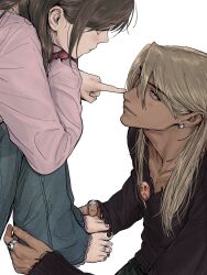  1boy 1girl :o ace_attorney alternate_costume alternate_hairstyle amikoiiko apollo_justice:_ace_attorney badge barefoot black_nails black_pants black_shirt blonde_hair blue_eyes blue_pants brown_hair button_badge closed_mouth collarbone commentary dark-skinned_male dark_skin denim drill_hair ema_skye facing_to_the_side fingernails frayed_clothes green_eyes highres index_ring initial jeans jewelry klavier_gavin long_hair long_sleeves looking_at_another mismatched_eyebrows multicolored_nails multiple_rings nail_polish pants pectoral_cleavage pectorals pink_lips pink_nails pink_shirt pink_wrist_cuffs ring shirt side_drill simple_background thumb_ring toe_ring toenails toned toned_male untranslatable_commentary watch watch white_background wrist_cuffs 