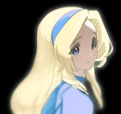  1girl absurdres black_background blonde_hair blue_dress blue_eyes blue_hairband blush closed_mouth commentary dress drill_hair from_side guitar_00000001 hairband highres long_hair looking_at_viewer maria_robotnik simple_background smile solo sonic_(series) upper_body 