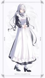  1girl apron asymmetrical_bangs black_dress black_shoes blue_eyes border character_name closed_mouth collar collared_dress commentary diamond_hair_ornament dress enmaided frilled_apron frills full_body gradient_hair grey_hair grey_ribbon hair_over_one_eye highres idios inset_border interlocked_fingers lace-trimmed_apron lace_trim light_smile long_dress long_hair long_sleeves looking_at_viewer maid maid_apron mary_janes mole mole_under_mouth multicolored_hair neck_ribbon nijisanji ornate_border puffy_long_sleeves puffy_sleeves ribbon shoes socks solo sophia_valentine standing very_long_hair virtual_youtuber white_collar white_socks yuki_hare1130 