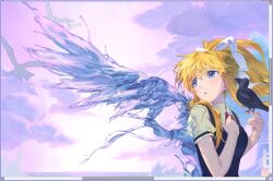  1girl air_(visual_novel) angel_wings arms_up bird bird_on_hand blonde_hair blue_eyes clouds crow floating_hair kamio_misuzu looking_to_the_side open_mouth outdoors ppru purple_sky sky solo standing wings 