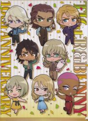  2girls 6+boys absurdres anniversary antonio_lopez aqua_dress aqua_shoes artist_request barnaby_brooks_jr. belt black_belt black_bow black_bowtie black_necktie black_pants black_shoes blonde_hair blue_eyes blue_shirt bottle bouquet bow bowtie brown_jacket brown_pants brown_shoes brown_vest champagne_flute chibi chibi_only closed_mouth collared_shirt confetti copyright_name cup dark-skinned_male dark_skin dress dress_bow drink drinking_glass drinking_straw drop_shadow earrings eyelashes facial_hair full_body glass glasses green_eyes green_jacket hair_between_eyes hand_in_pocket hand_on_own_hip highres holding holding_bottle holding_bouquet holding_cup holding_drink huang_pao-lin ivan_karelin jacket jewelry kaburagi_t._kotetsu karina_lyle keith_goodman long_hair long_sleeves multiple_boys multiple_girls nathan_seymour necktie official_art one_eye_closed open_clothes open_jacket open_mouth pants pink_eyes pink_hair pink_lips purple_jacket purple_pants purple_suit red_pants red_shirt scan shirt shoes short_hair sleeveless sleeveless_dress sleeveless_shirt smile socks standing standing_on_one_leg star_(symbol) star_earrings striped_background striped_clothes striped_pants striped_vest suit suit_jacket suspenders third-party_source tiger_&amp;_bunny vertical-striped_background vertical-striped_clothes vertical-striped_pants vertical-striped_vest very_short_hair vest violet_eyes white_shirt white_socks yellow_dress 