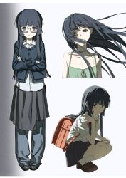  1girl 8wons8 backpack bag black_eyes black_shoes blue_hair blunt_bangs bow bowtie breasts brown_shoes collar collarbone commentary crossed_arms dress dress_bow expressionless front_slit furude_rika glasses gradient_background green_dress hair_flowing_over highres higurashi_no_naku_koro_ni hime_cut korean_commentary long_hair looking_at_viewer pants pleated_skirt red_bag school_bag shirt shoes simple_background skirt small_breasts socks spaghetti_strap squatting standing sweater white_shirt white_socks wing_collar 