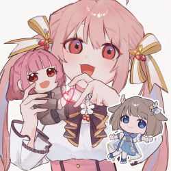  1girl blush bow chibi commentary_request doll flower food fruit gold_ribbon hair_ribbon heart heart_hands highres holding holding_doll indie_virtual_youtuber kano_(utaite) kano_mahoro long_hair no_no003 open_mouth pink_hair red_eyes ribbon simple_background smile solo strawberry stuffed_toy twintails white_background white_bow white_ribbon 