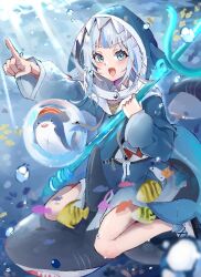  1girl animal_costume animal_hood bloop_(gawr_gura) blue_eyes blue_socks blue_streaks blush commentary_request fins fish fish_tail gawr_gura gawr_gura_(1st_costume) grey_hair holding holding_polearm holding_weapon hololive hololive_english hood medium_hair multicolored_hair open_mouth pointing pointing_at_viewer polearm shark shark_costume shark_girl shark_hood shark_tail sharp_teeth shoes socks streaked_hair tail teeth trident underwater upper_teeth_only virtual_youtuber weapon white_shoes yuzuki_1212 
