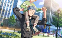  2boys asch_albright breast_pocket building carrying closed_mouth collared_shirt fingernails grey_hair helios_rising_heroes highres lamppost long_sleeves male_focus multiple_boys necktie official_art open_mouth orange_eyes outdoors pants pocket shirt short_bangs shoulder_carry smile socks teeth tree upper_teeth_only 