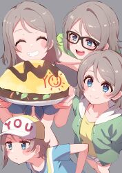  1girl absurdres baseball_cap bent_over bikini blue_eyes blush closed_eyes closed_mouth commentary_request cream_(nipakupa) food from_side glasses grey_background grey_hair half-closed_eyes hand_up happy hat head_tilt highres hood hoodie jacket love_live! love_live!_sunshine!! multiple_girls official_alternate_costume omelet omurice open_mouth short_hair short_sleeves shorts simple_background smile sweater swimsuit thighs watanabe_you wavy_hair 