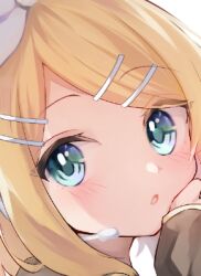  1girl black_sailor_collar blonde_hair blue_eyes blush bow close-up commentary_request detached_sleeves hair_bow hair_ornament hairclip headphones headset kagamine_rin looking_at_viewer lowres mani_(manidrawings) medium_hair open_mouth parallel_hairclips parted_bangs portrait sailor_collar sidelocks simple_background solo vocaloid white_background white_bow 