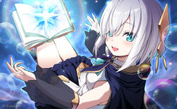 1girl aqua_ascot aqua_eyes ars_almal ars_almal_(1st_costume) ascot black_cape black_skirt black_sleeves blue_ascot blue_eyes blush book breasts bubble cape cloak commentary_request detached_sleeves frilled_skirt frills hair_between_eyes headgear highres hood hooded_cape hooded_cloak long_sleeves looking_at_viewer looking_back magic nijisanji open_mouth puffy_long_sleeves puffy_sleeves see-through_clothes see-through_sleeves shirt short_hair skirt sleeveless smile solo tatami_kami thighs virtual_youtuber white_hair white_shirt 