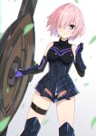  1girl armor bare_shoulders black_armor black_gloves breastplate closed_mouth clouds cloudy_sky commentary_request elbow_gloves eyebrows_visible_through_hair eyes_visible_through_hair fate/grand_order fate_(series) gloves grass hair_over_one_eye highres holding holding_shield holding_weapon light_purple_hair looking_at_viewer mash_kyrielight mountain out_of_frame outdoors pe7bqgpupmbchm0 pov purple_gloves shield shielder_(fate/grand_order) short_hair sky smile two-tone_gloves violet_eyes weapon 