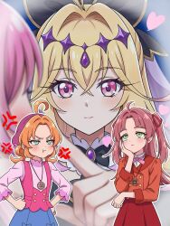  3girls ahoge akechi_anna anger_vein antenna_hair black_bow black_dress blonde_hair blush bow brooch closed_mouth commentary_request cure_arcana_shadow cure_mystique diamond_hairband double_bun dress frills green_eyes hair_bow hair_bun hair_intakes hair_ornament heart heart_brooch highres jewelry kobayashi_mikuru long_hair looking_at_viewer magical_girl meitantei_precure! moria_luluka multiple_girls pink_bow pink_dress pink_hair precure purple_veil ryuhirohumi school_uniform shirt skirt smile veil violet_eyes zoom_layer 