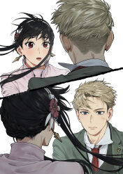  1boy 1girl absurdres black_hair blonde_hair blue_eyes blush coat collared_shirt earrings floating_hair flower_hairband from_behind gold_earrings green_jacket hairband highres jacket jewelry long_hair looking_at_another necktie p_notninjin parted_lips pink_coat red_eyes red_necktie shirt short_hair sidelocks spy_x_family twilight_(spy_x_family) upper_body vest white_background white_hairband white_shirt wind yor_briar 