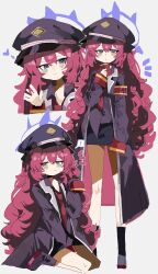  1girl absurdres bare_legs blue_archive blue_halo boots coat halo hat highres iroha_(blue_archive) long_hair looking_at_viewer messy_hair necktie odmised overcoat peaked_cap red_hair red_necktie simple_background skirt solo white_background 