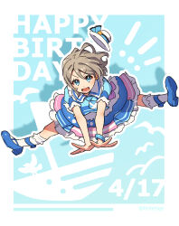  1girl absurdres armlet artist_name bird birthday blue_background blue_eyes blush commentary_request dated dress earrings english_text frilled_dress frilled_skirt frills grey_hair hand_up happy_birthday hat high_heels highres hotechige jewelry jumping love_live! love_live!_sunshine!! official_alternate_costume official_art open_mouth seagull ship short_hair simple_background skirt smile socks split thighs watanabe_you watercraft wavy_hair white_background 