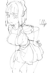  1girl assassin_(pencilblood76) blunt_bangs blunt_ends bob_cut breasts closed_mouth cowboy_shot dress greyscale highres leaning_forward light_frown link!_like!_love_live! love_live! maid maid_headdress medium_breasts momose_ginko monochrome pleated_dress puffy_short_sleeves puffy_sleeves short_dress short_hair short_sleeves simple_background sketch solo unfinished virtual_youtuber white_background 