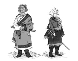 2girls absurdres ahoge alternate_costume bead_necklace beads boots closed_eyes coat commentary_request dark-skinned_female dark_skin earrings full_body fur-trimmed_coat fur-trimmed_robe fur_trim grass greyscale gundam gundam_suisei_no_majo hairband highres holding holding_weapon jewelry long_hair miorine_rembran mongolian_clothes monochrome multiple_girls necklace nideaneng pants robe standing suletta_mercury sweatdrop weapon yuri 