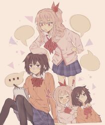  ! !! >_< ... absurdres akiyama_mizuki arm_support braid brown_cardigan brown_eyes brown_hair cardigan closed_eyes collared_shirt commentary_request diagonal-striped_clothes diagonal-striped_necktie hand_on_own_hip hands_on_another's_shoulders highres kamiyama_high_school_uniform_(project_sekai) long_hair long_sleeves looking_at_another necktie notebook open_collar open_mouth pantyhose pink_cardigan pink_eyes pink_hair plaid_clothes plaid_skirt pleated_skirt ponytail project_sekai rchyl school_uniform shinonome_ena shirt short_hair sidelocks sitting skirt speech_bubble spoken_ellipsis striped_clothes 