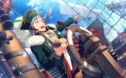  1boy asch_albright bracelet feathers grey_hair hat hat_feather helios_rising_heroes highres holding holding_weapon jewelry long_sleeves male_focus official_art open_mouth orange_eyes pants pirate_costume pirate_hat ring ship shirt solo sword teeth upper_teeth_only watercraft weapon 