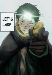  1boy blood cloak commentary energy english_text faris13 hood hooded_cloak jujutsu_kaisen male_focus meme messy_hair natsuki_subaru re:zero_kara_hajimeru_isekai_seikatsu solo spiky_hair 