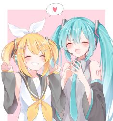  2girls :d aqua_hair aqua_nails aqua_necktie black_sailor_collar blonde_hair blush border borrowed_hairstyle bow closed_eyes collared_shirt commentary_request detached_sleeves double-parted_bangs grey_shirt hair_between_eyes hair_bow hair_ornament hairclip hatsune_miku headphones headset heart highres kagamine_rin long_hair mani_(manidrawings) multiple_girls nail_polish neckerchief necktie outside_border parallel_hairclips pink_background sailor_collar shared_speech_bubble shirt short_twintails sidelocks simple_background sleeveless sleeveless_shirt smile speech_bubble spoken_heart teeth treble_clef twintails very_long_hair vocaloid white_border white_bow white_shirt yellow_nails yellow_neckerchief 