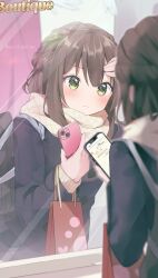  1girl absurdres adjusting_hair bag blue_coat blush brown_hair cellphone coat commentary_request green_eyes hair_between_eyes highres holding holding_bag holding_phone iphone long_hair looking_at_reflection mani_(manidrawings) mirror original phone plaid_clothes plaid_scarf reflection reflection_focus scarf school_bag shoulder_bag sidelocks smartphone solo text_messaging valentine yellow_scarf 