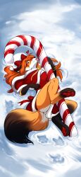 1girl absurdres animal_ears animal_feet animal_nose ass back_bow barefoot bow breasts candy candy_cane capelet christmas commentary digitigrade dress english_commentary food fox_ears fox_girl fox_tail fur-trimmed_capelet fur-trimmed_dress fur_trim furry furry_female hair_bow highres holding holding_candy holding_candy_cane holding_food large_breasts long_hair looking_at_viewer lying official_art on_back orange_fur orange_hair oversized_food oversized_object pawpads red_bow red_capelet red_dress red_eyes snout solo tail textless_version tom_fischbach tongue tongue_out twokinds vanity_(twokinds) variant_set 