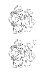  absurdres ahoge baggy_pants belt cowboy_shot dark-skinned_female dark_skin from_behind gloves greyscale gundam gundam_suisei_no_majo hair_tie hairband hand_on_another's_back hand_on_another's_waist highres holding holding_rope jacket long_hair miorine_rembran monochrome multiple_girls nideaneng pants rope safety_belt serious shirt suletta_mercury thick_eyebrows white_background 