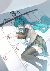  1girl 39 2026 ao_hoshi aqua_eyes aqua_hair aqua_nails aqua_necktie aqua_trim bare_shoulders black_boots black_skirt black_sleeves boots breasts calendar_(object) closed_mouth collared_shirt commentary_request dated detached_sleeves dot_nose grey_shirt hair_ornament hatsune_miku headphones heart highres long_hair lying miku_day necktie number_tattoo on_side pleated_skirt shirt simple_background skirt sleeveless sleeveless_shirt small_breasts smile solo tattoo thigh_boots twintails very_long_hair vocaloid white_background zettai_ryouiki 