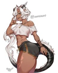  1girl abs agawa_ryou animal_ear_fluff animal_ears ass breasts cropped_shirt dark-skinned_female dark_skin dolphin_shorts dragon_girl dragon_horns dragon_tail horns huge_ass indie_virtual_youtuber jewelry looking_at_viewer navel necklace sansin_jin scar scar_on_stomach scar_on_thighs shirt shorts tail thick_thighs thighs virtual_youtuber white_background white_hair white_shirt yellow_eyes 