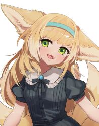  1girl alternate_costume animal_ears arknights black_dress blonde_hair commentary_request dress fangs fox_ears fox_girl fox_tail green_eyes hairband head_tilt highres iguana152588 long_hair puffy_sleeves short_sleeves simple_background solo suzuran_(arknights) tail white_background 