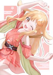 1girl absurdres animal_ears bare_shoulders blonde_hair cho_kaguya-hime! commentary crescent crescent_cutout crescent_hair_ornament dutch_angle fang hair_ornament highres japanese_clothes kaguya_(cho_kaguya-hime!) kimono long_hair looking_at_viewer lop_rabbit_ears numamizuki one_eye_closed open_mouth orange_eyes pink_nails rabbit_ears red_kimono smile solo star_(symbol) 