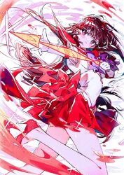  1girl arrow_(projectile) back_bow birthday bishoujo_senshi_sailor_moon black_hair bow bow_(weapon) bowtie commentary drawing_bow elbow_gloves from_side gloves high_heels highres hino_rei hn_sit holding holding_bow_(weapon) holding_weapon long_hair looking_at_viewer purple_bow purple_bowtie red_bow red_sailor_collar red_shoes red_skirt sailor_collar sailor_mars sailor_senshi sailor_senshi_uniform shoes skirt solo untranslatable_commentary weapon white_gloves 