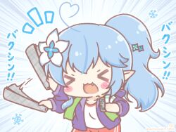  >_< 1girl :d afterimage ahoge blue_hair blush_stickers chibi closed_eyes commentary_request emphasis_lines fang flower hair_between_eyes hair_flower hair_ornament heart heart_ahoge highres holding hololive hood hood_down hooded_jacket jacket long_sleeves mitarashi_neko multicolored_hair notice_lines open_clothes open_jacket pants pointy_ears ponytail puffy_long_sleeves puffy_sleeves purple_jacket red_pants shirt smile snowflakes solo streaked_hair track_pants translation_request unmoving_pattern virtual_youtuber white_flower white_shirt xd yukihana_lamy 